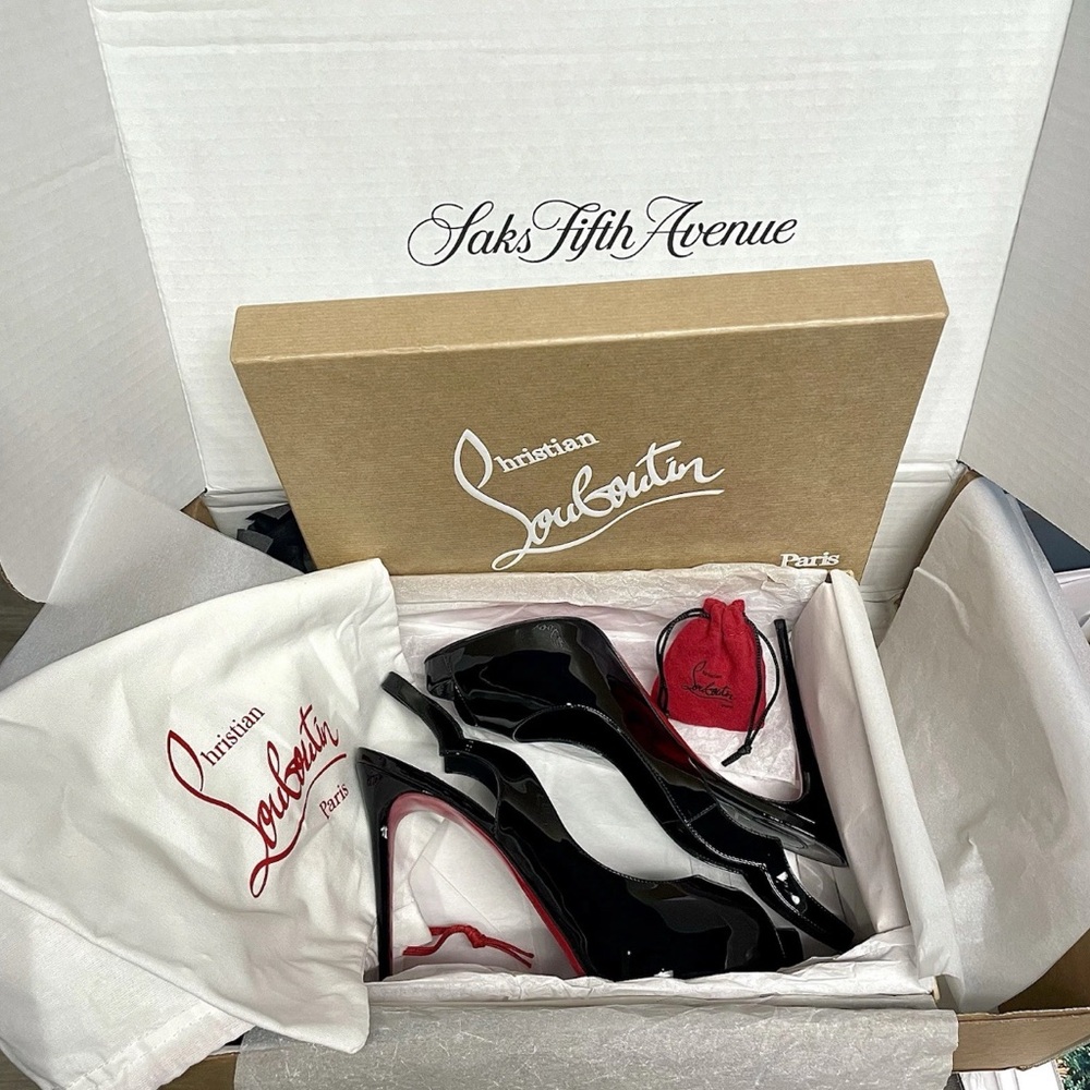 🚫sold on 3b@y🚫Christian Louboutin Hot Chick Alta 120 Patent Slingback Pumps 38.5